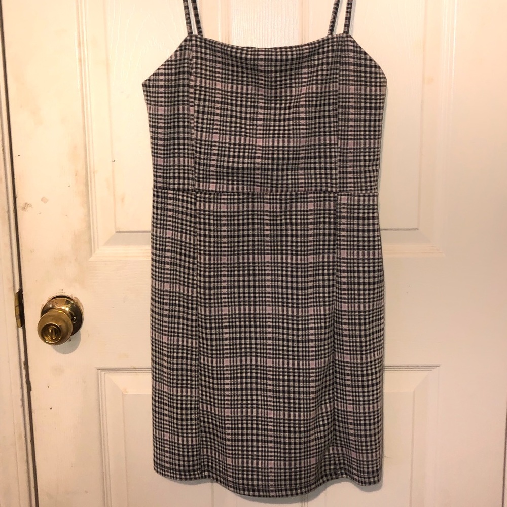 Grey black and pink plaid strap dress